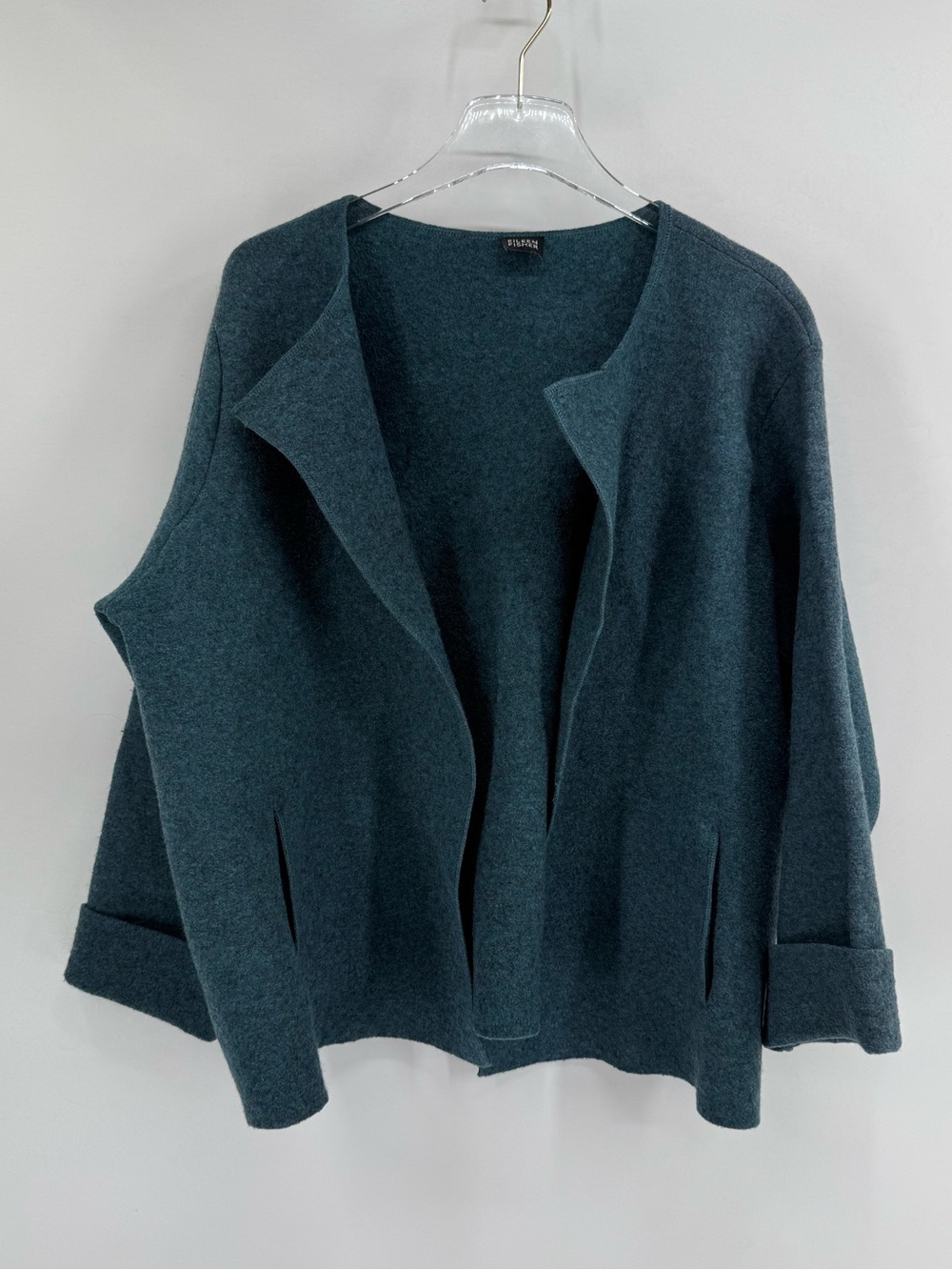 Eileen Fisher dark teal boiled wool cardigan/ jacket size large